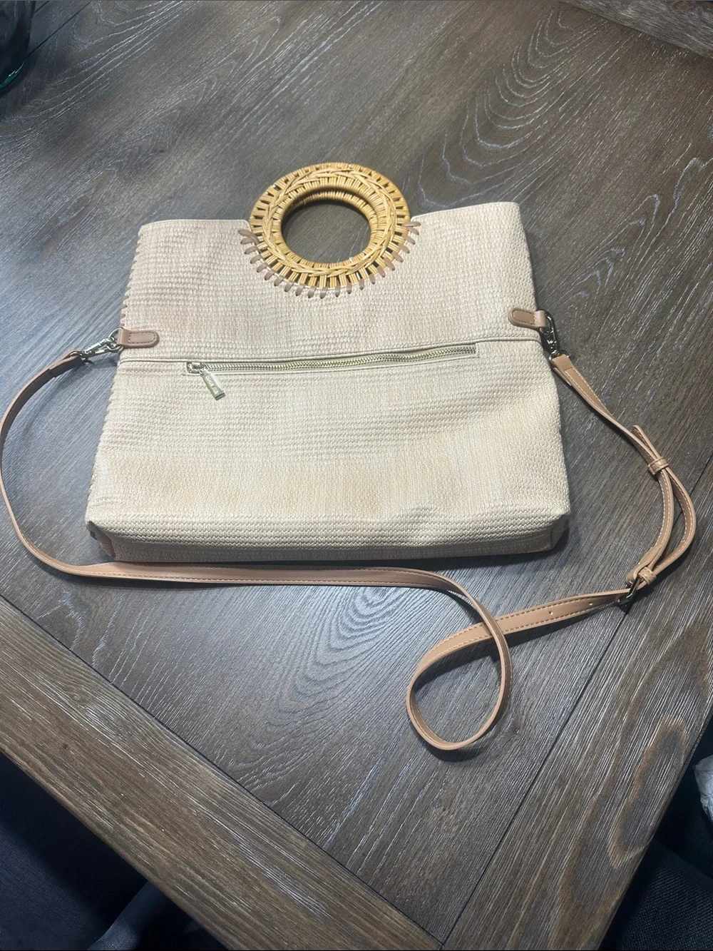 Dolce Vita Beige Woven Tote with Round Rattan Handles